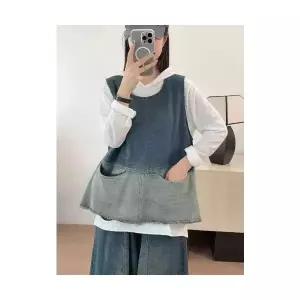 볼사스 여성 조끼 캐주얼 트리밍 데님 빈티지 라운드 투포켓 민소매 탑 ADOR1