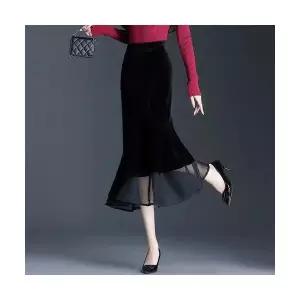 페브레로 여성롱스커트 벨벳 망사 머메이드 스커트 가을 롱 슬림 힙업 UNO3