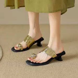 스파이더맨 여친 통굽 리얼 스테이션 웨지힐 슬리퍼 라운드 가죽 소가죽 토우 엠보 샌들 하트 버클 OPH5