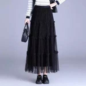 여성용 치마 스커트 망사 캐주얼 가을 밴딩 A라인 허리 케이크 원픽3