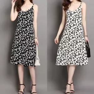 끈나시 시원한 여성치마 반팔 여름 꽃무늬 여성 브이넥 원피스 프릴