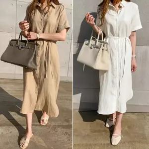 미니원피스 원피스 차분한 린넨 롱셔츠 롱원피스 시원한반팔 여자원피스