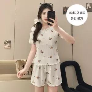 옥뚜브레 커플잠옷세트 여름 니트 면 잠옷 바람막이 패드 반팔 반바지 투피스 실내복 UNO2