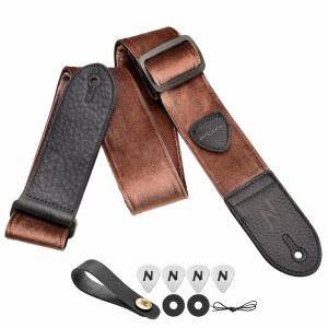 네펠리바타 기타 스트랩, 더블 풀 그레인 가죽 엔드, 빈티지 벨벳 스트랩 /무료 보너스-4 픽 + 잠금 버튼, 베이스, 일렉트릭 및 어쿠스틱 선물(빈티지 커피 브라운)