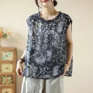 빈티지 여자블라우스 민소매 마 프린트 블라우스 뒷단추 톱 원템1