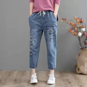 캐릭터 7부 청바지 밴딩 자수 여성 배기