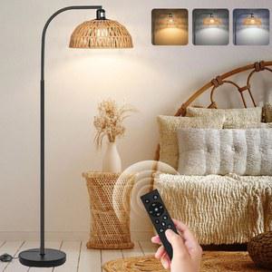 라탄 바닥 램프 - 리모컨과 디밍 가능한 전구가 있는 보호 스탠딩 램프, 수작업으로 조절 음영, 검은색 농가용 키 거실, 침실, 사무실용 아크