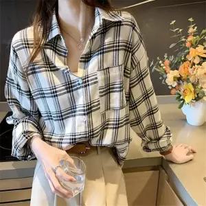 롱셔츠 여성 심플 남방 체크셔츠 포켓 2컬러 모던 블라우스 LK-S005