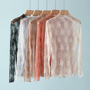 섹시 여성 메쉬 티셔츠 시스루 레이스 블라우스 롱팔 탑 이너웨어 시어 바디 크롭탑