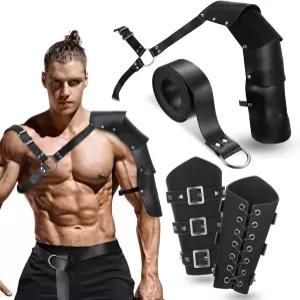 산우타 4개 할로윈 가죽 싱글 어깨 갑옷 인조 팔 보호대 중세 바이킹 기사 벨트 코스튬 (요약) 블랙