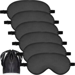 6피스 내추럴 실크 수면 마스크 부드러운 조절 스트랩 눈가리개 섀드 부드럽고 편안한 커버, 수면용 가방 포함 (블랙)