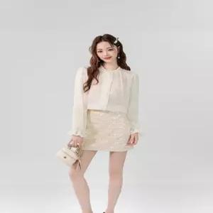 율랑팡 여성 치마 가을 레이스 쉬폰 톱+숏 스팽글 퍼프 힙업 HO3