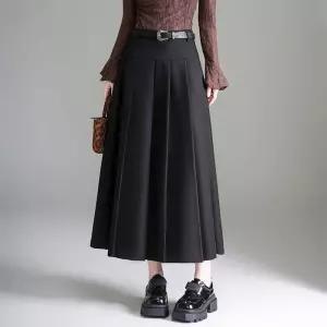 율랑팡 여자 치마 오피스룩 가을 A라인 쉬폰 플리츠 중기장 슬림핏 정장 HO3