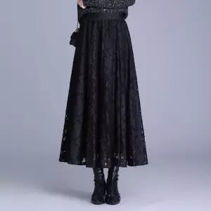 율랑팡 치마 롱 가을 캐주얼 여사친 밴딩 레이스 쉬폰 펀칭 허리플리츠 HO3