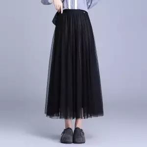 율랑팡 여성 치마 롱 망사 캐주얼 가을 A라인 쉬폰 플리츠 양면 통근사 HO3