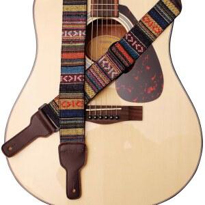 MUSIC FIRST 오리지널 디자인, 2인치 너비(5cm), 클래식 컨트리 스타일 원사 염색 원단 및 정품 가죽 기타 스트랩 일렉트릭