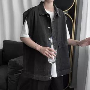 체크 청자켓 조끼 오버핏 연청 블랙 베스트 무스탕 데일리 데님 [f76540B]