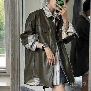 여성가죽자켓 루즈핏 하프 오버핏 겨울 셔츠형 빈티지 아우터 가죽 플레이 레더자켓 포켓