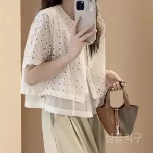 펀칭블라우스 여름 여성 면 블라우스 여자 크롭 레이스펀칭 코튼 반팔 펀칭 나시 라운드 루즈핏