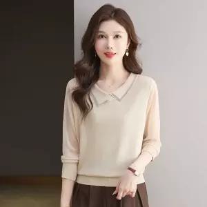 와칸다 망사 니트 가을 여성용 소매 터틀넥 얇은 라운드넥 스웨터 큐빅 KKE3