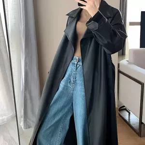 와칸다 여성 여성용 미디 롱 빈티지 코트 봄가을 PU가죽 가죽무스탕 트렌치 KKE3