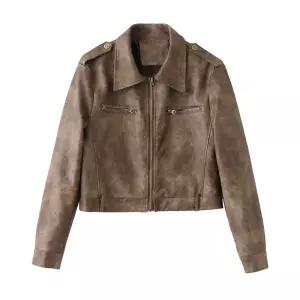 와칸다 여성용 봄가을 숏재킷 가죽 마이야르 코트 PU상의 커피색빈티지 가죽무스탕 KKE3