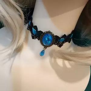 레이스 보석 메탈 북유럽 시상식 큐빅 블루 북유럽풍 초커 목걸이 벨벳