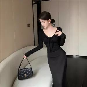 스커트 원피스 롱 분홍 가을 프릴 브이넥 조임 슬림핏 여자원피스 세미 긴팔 스트랩 힙 쉬폰 원템3