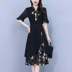 원피스 슬림핏 빅사이즈 브이넥 반팔 쉬폰 여자원피스 원템1