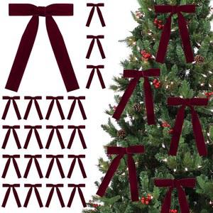 시미시 리본 24개 버건디 벨벳 보우 크리스마스 트리 장식 빈티지 갈랜드 화환 소박한 공예 선물 실내 야외
