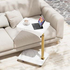 카트라우 TV 트레이 테이블, 식탁용 조절식 저녁 트레이, 소파, 침실, 거실용 360 회전 및 소파 팔걸이 끝 사이드 스낵 아래로 미끄러지는 C자형 테이블(화이트+골드)