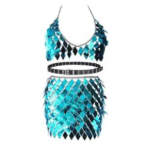 Sinkcangwu Boho Jewelry sequin Set Body Chain Suit Tribal Harness Bra Crop Top Necklace beltSkirt fo