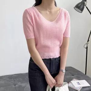 펀칭레이스 라인 포인트 브이넥 슬림 니트반팔 티셔츠 qEY8+6HoL