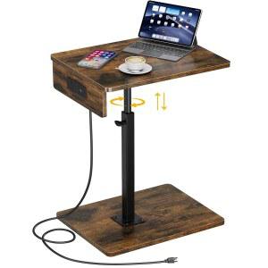 충전소가 있는 C자형 엔드 테이블, 조절 가능한 높이 C 테이블 작은 공간을 위한 360 스위벨 TV 트레이 둥근 모서리 소파 소파용 사이드 거실, 의자, 간식, 침대