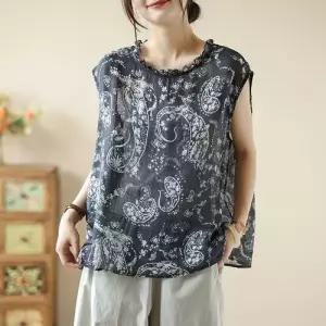 EAMT 빈티지 여사친 뒷단추 민소매 프린트 블라우스 톱 마 EUNG1