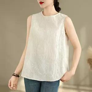 EAMT 여성용 베이지 니트 면 민소매 블라우스 자수 컴포트 기본 나시 탑 EUNG1