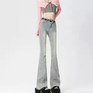 EAMT 바지 여성용 옐로우 빈티지 와이드 청바지 머드 세미 부츠컷 하이웨스트 슬림핏 YJ3