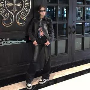 EAMT 여자 검정 가을 스트레이트 와이드 데님팬츠 부츠컷 슬림핏 청바지 하이웨스트 플레어 YJ3