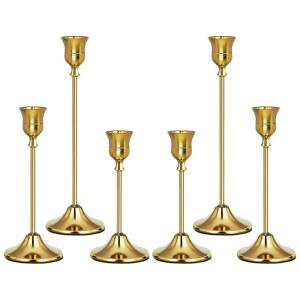 우즈복셰 골드 캔들스틱 홀더 6종 세트, 무게감 있는 금속 테이퍼 캔들 스틱 홀더, 빈티지 크리스마스 황동 홈 데코 테이블, 맨텔, 룸 집들이 선물 골드-6
