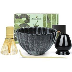 아트컴 말차 티 세트 - 17온스 꽃잎 모양 볼, 대나무 거품기, 스쿱, 거품기 홀더 및 양조 가이드 완벽한 경험을 위한 일본 다도 도구, 블랙