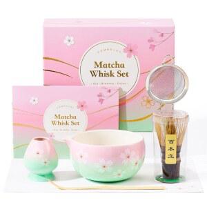 콤보조이 말차 거품기 세트 u2013 일본 다도 키트(세라믹 볼 포함), 퍼플 대나무 거품기(채센), 홀더, 체 및 스쿱 완비 키트, 차 애호가를 위한 여성 선물