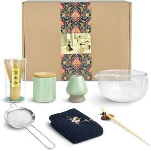아트컴 9피스 일본 다도 세트, 말차 볼, 거품기, 스쿱, 홀더, 파우더 캐디, 수제 키트(비리디스)