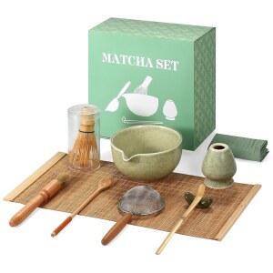 말차 거품기 세트 10pcs u2013 전통 일본 키트 대나무 거품기, 붓기가 있는 세라믹 그릇, 의식용 아차 키트, 다도 도구 만들기 (말차 그린)