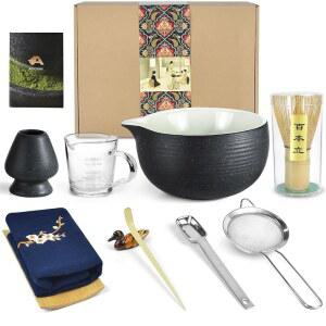 일본 다도를 위한 아트컴 블루스톤 글레이즈 말차 키트, 붓는 스파우트가 담긴 그릇, 거품기, 티 스쿱, 파우더 스트레이너, 우스차, 코이차, 라떼 만들기용 세트 (10 PCS)