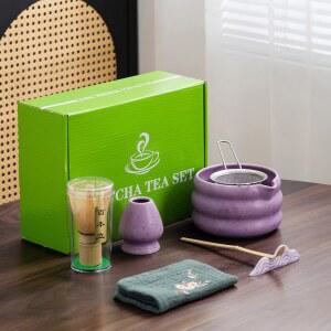 7Pc 일본 말차 티 세트, 볼이 포함된 키트(붓는 스파우트 포함), 거품기, 거품기 홀더, 스트레이너 - 선물 및 개인용 우아한 상자 포장(보라색
