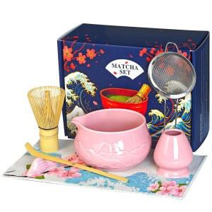 도자기 그릇, 스쿱 휴식, 체, 티 매트, 인사말 카드, 거품 홀더, 대나무 거품기 및 스쿱이 포함된 8개의 말차 세트, 친구 가족 말차를 사랑하는 분들을 위한 완벽한 선물, 기념식 키트