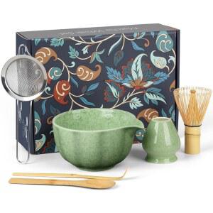 스마일 트리 말차 거품기 세트, 6개의 PCS 세트-세라믹 볼, 및 홀더, 스쿱, 스푼 & 체, 완성된 다도 키트 애호가를 위한 선물 상자, 생일(얼룩덜룩한 티 그린)