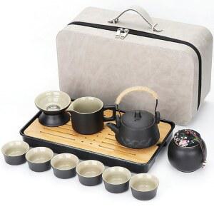 JMCRATE 일본 차 세트, 휴대용 세라믹 아시안 선물 찻주전자, 찻잔, 찻잔 트레이 및 여행 가방, 가정, 실외 사무실