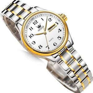 OLEVS 럭셔리 여성용 시계, 낮과 날짜가 있는 작은 손목용 골드 스테인리스 스틸 이지 리딩 손목시계 방수 조절 스트랩