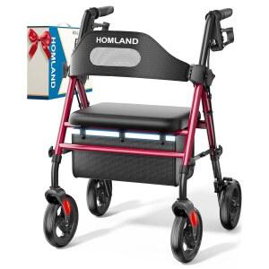 노인용 좌석이 있는 홈랜드 접이식 롤레이터 워커, 8인치 빅 휠, 350파운드. 무게 용량, 조절 가능한 손잡이 및 좌석 높이, 경량 롤링 빨간색